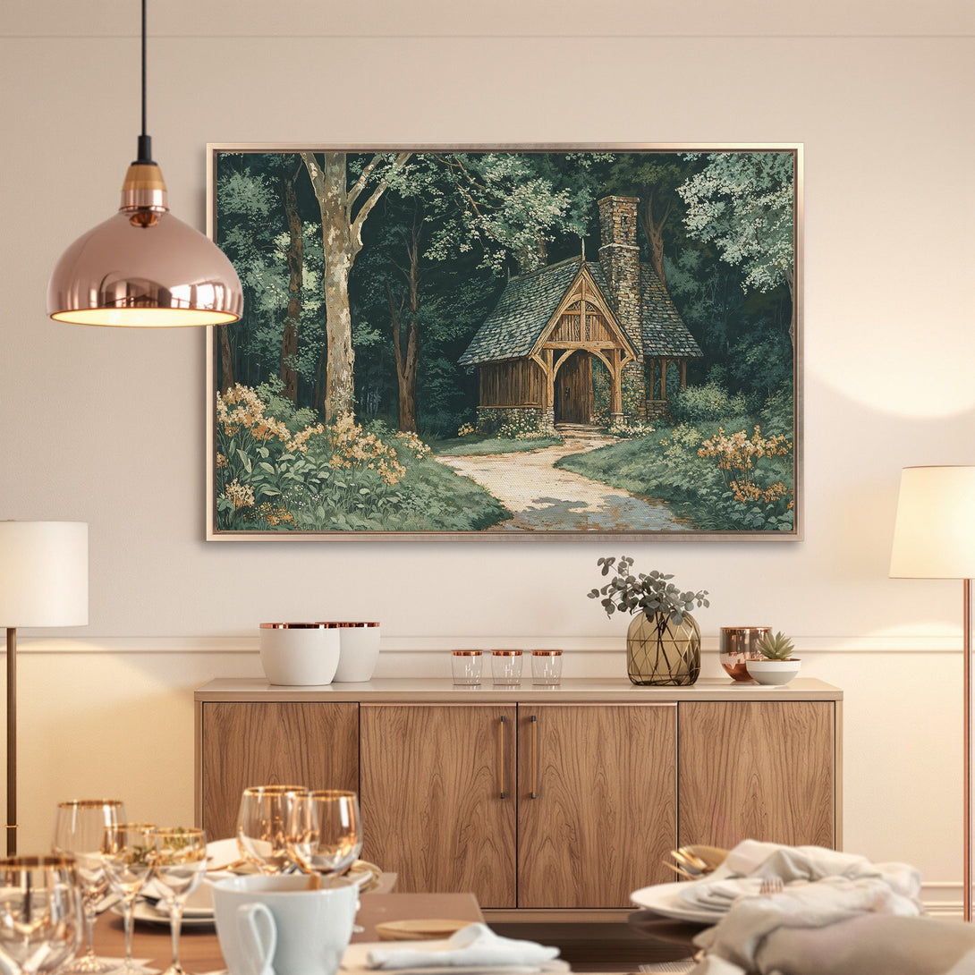 Framed Wall Art: Serene forest scene canvas print with a charming cottage. Green, brown, and gold color palette. Perfect for adding a touch of nature to your home.