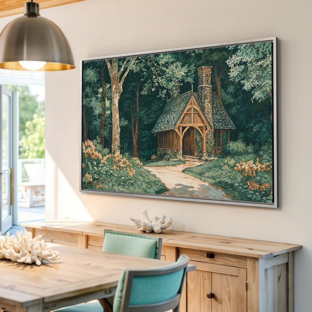 Framed Wall Art: Serene forest scene Canvas Print with a cottage, featuring a green and earth-tone color palette. Perfect for adding a touch of nature to your home.