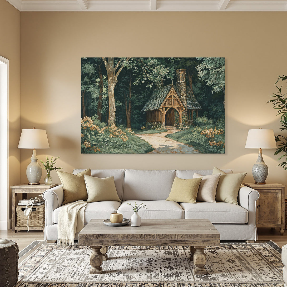 Framed Wall Art: Serene forest scene canvas print with a cottage, showcasing a green and brown color palette. Perfect for adding a touch of nature to your home.