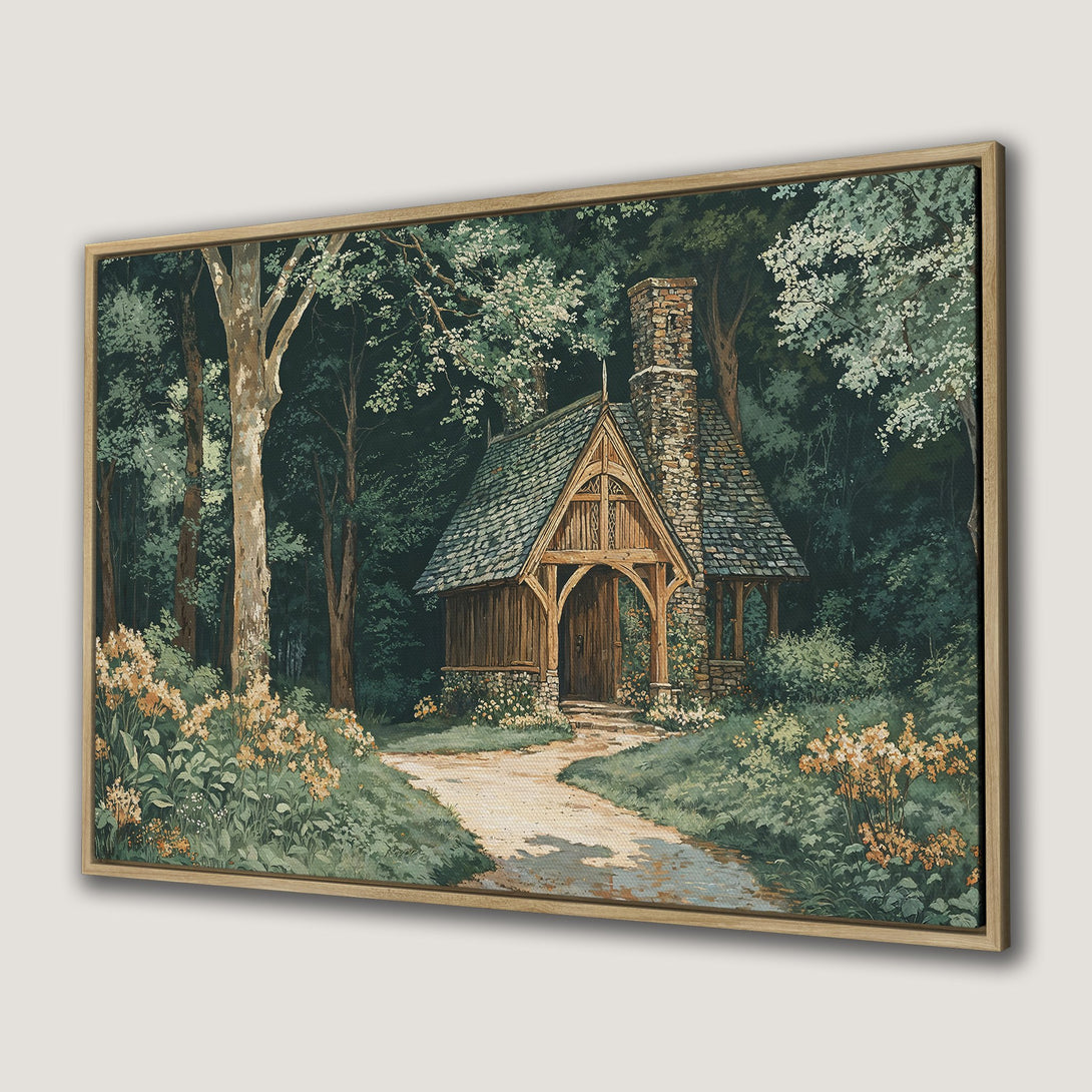 Canvas Print of a charming cottage in a lush forest. Rustic style with a green and brown color palette. Perfect wall art for a cozy home.