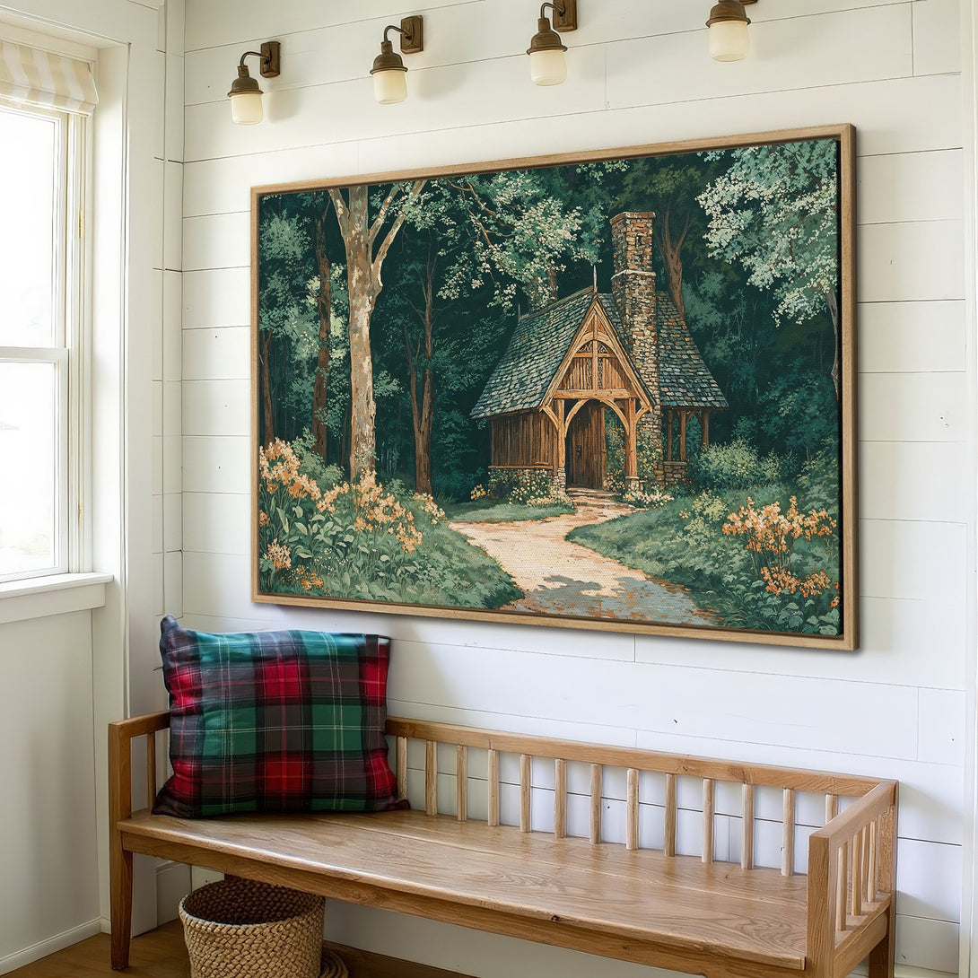 Framed Wall Art: Serene forest scene Canvas Print with a rustic cabin, featuring a green and brown color palette. Perfect for adding a touch of nature to your home.