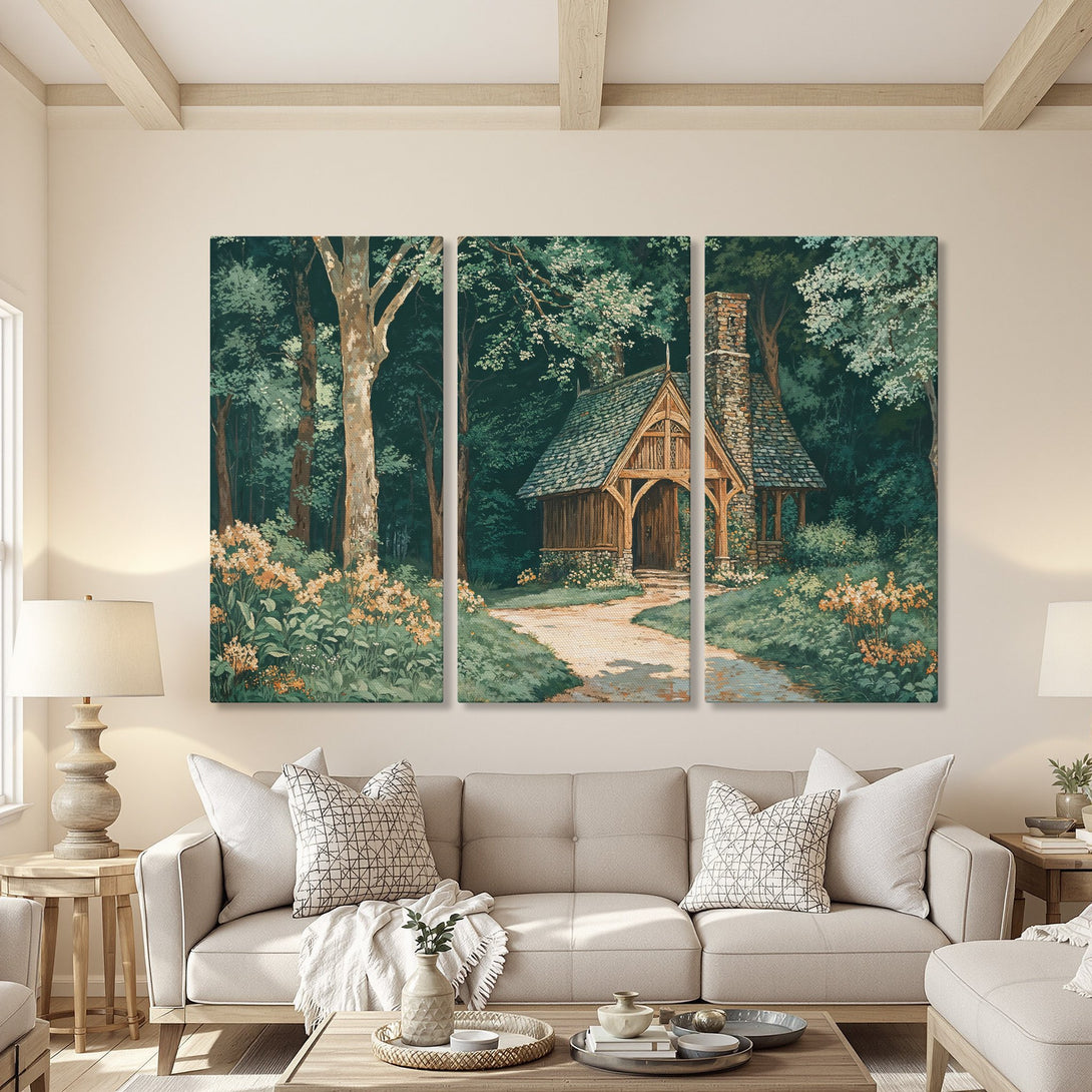 Canvas Print of a serene forest scene with a charming wooden chapel. Features a green and earth-toned palette, perfect for any interior.