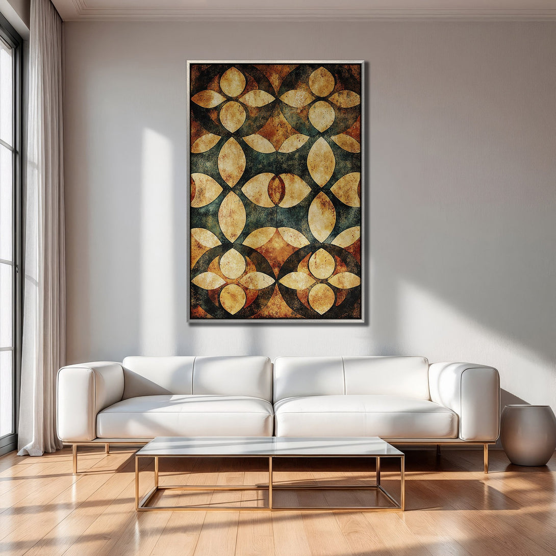 Framed Wall Art: Abstract geometric design in warm earth tones. Modern living room decor with a stylish canvas print.