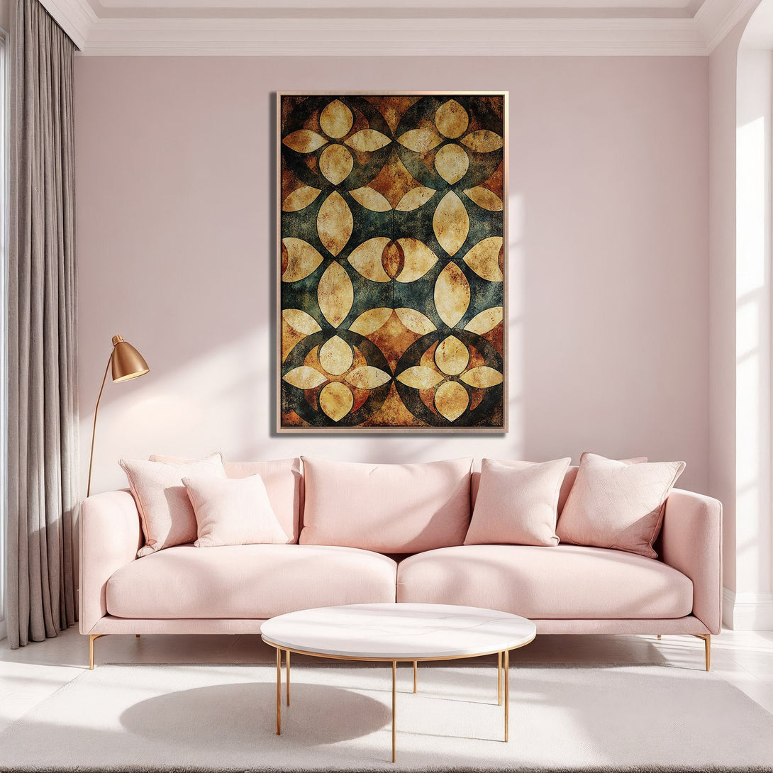 Framed Wall Art featuring an abstract geometric design in warm earth tones. Adds a touch of elegance to a blush pink living room.