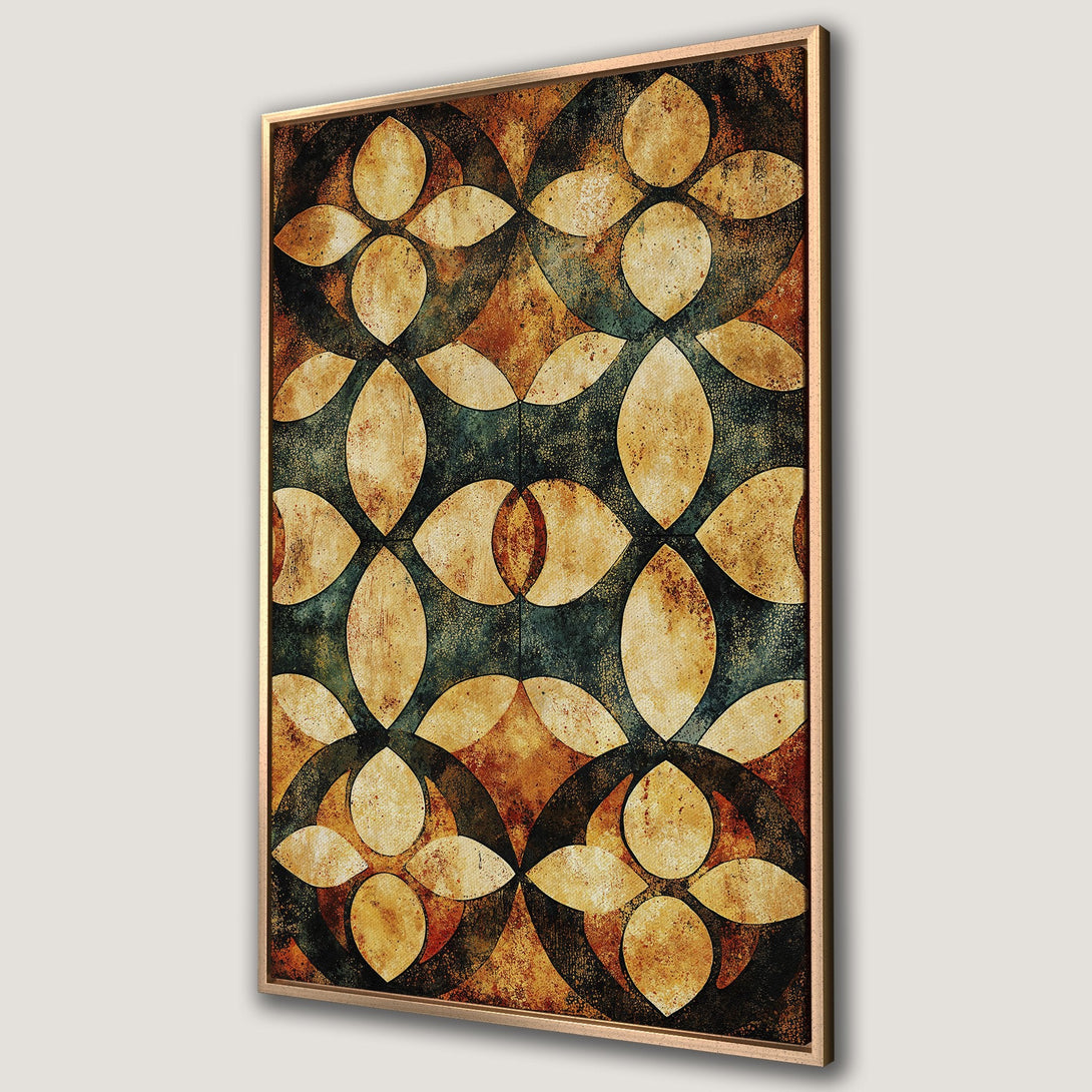 Framed Wall Art featuring a geometric floral design in a warm, earthy color palette. Perfect for adding a touch of bohemian style to your space.