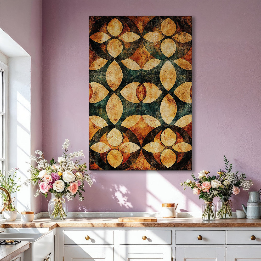 Framed Wall Art: Abstract geometric design in warm earth tones. Modern art canvas print adds a touch of elegance to any living room.
