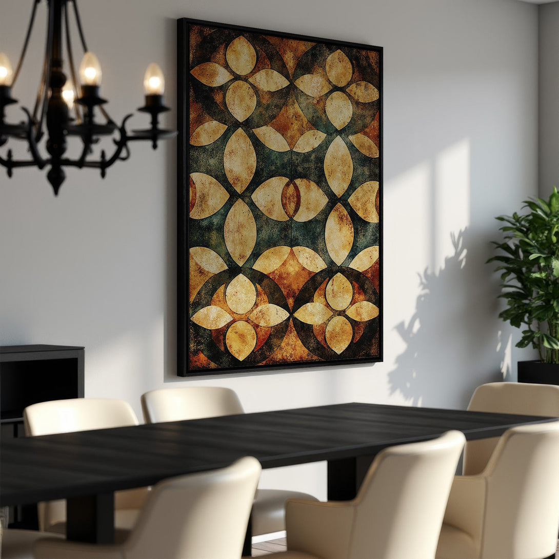 Framed Wall Art featuring an abstract floral design in a warm, earthy color palette. Perfect for adding a touch of elegance to any dining room.