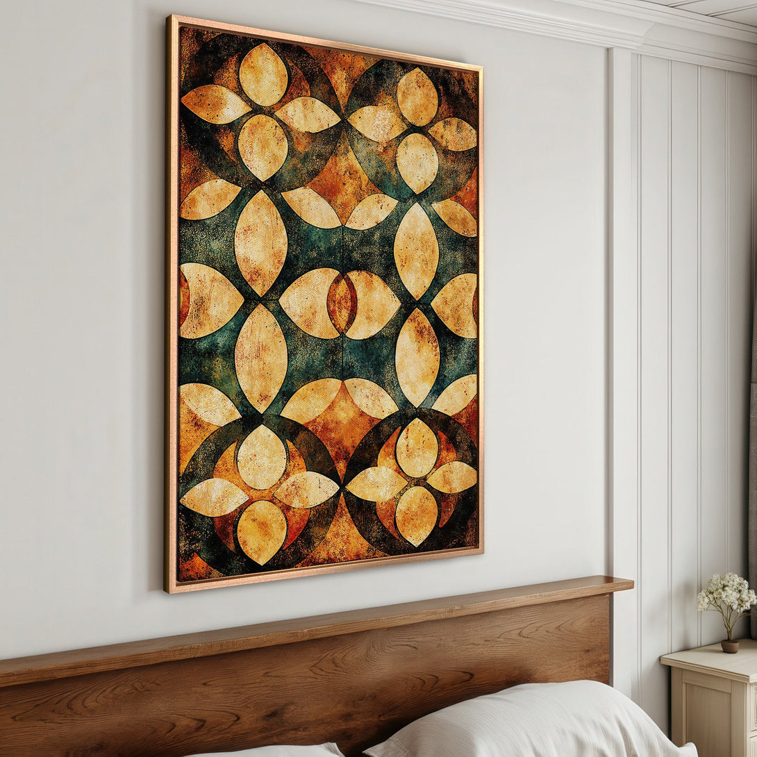 Framed Wall Art featuring an abstract geometric pattern in warm earth tones. Adds a touch of elegance to any space. Perfect for bedroom decor.