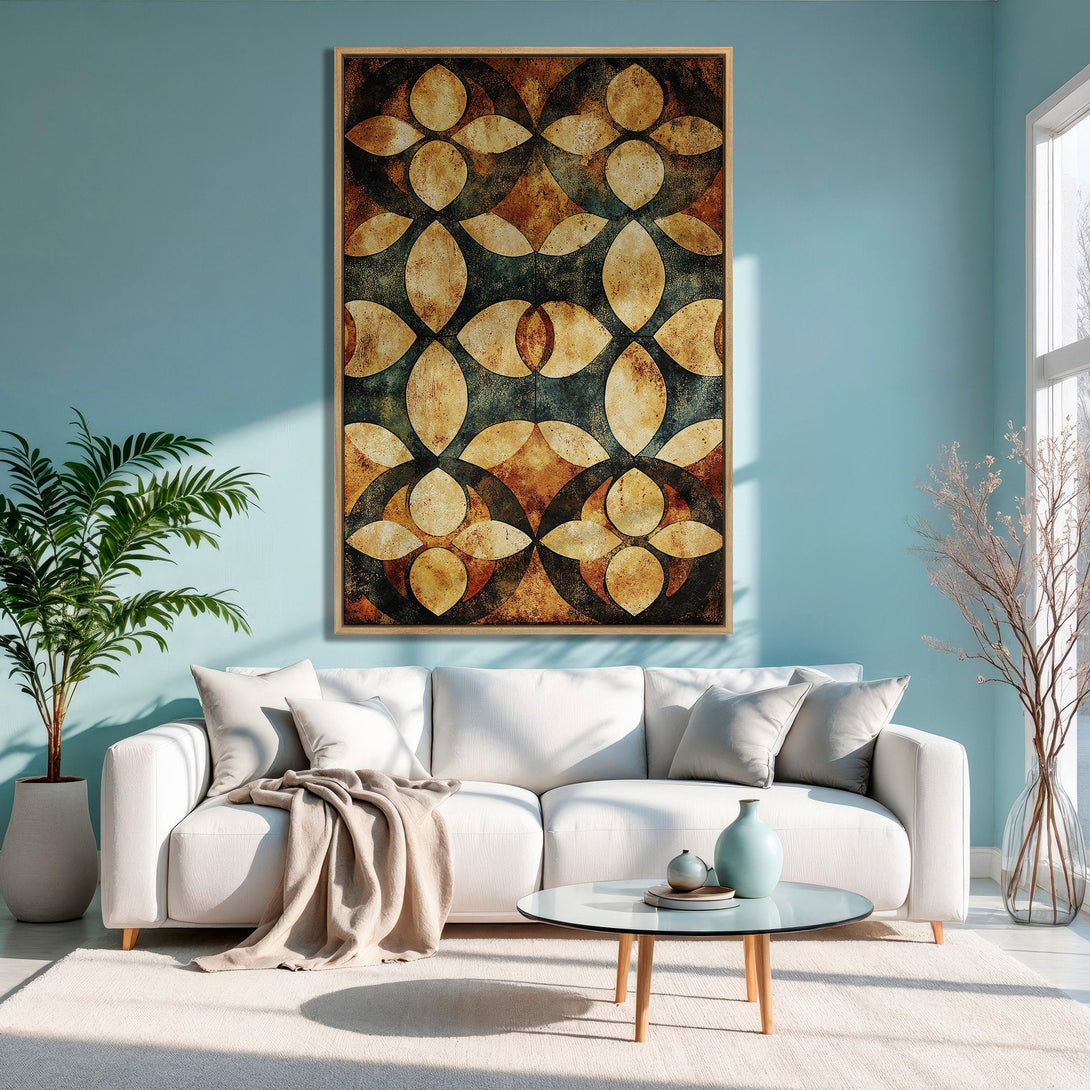 Framed Wall Art featuring an abstract geometric design in warm earth tones. Adds a touch of modern style to any interior.
