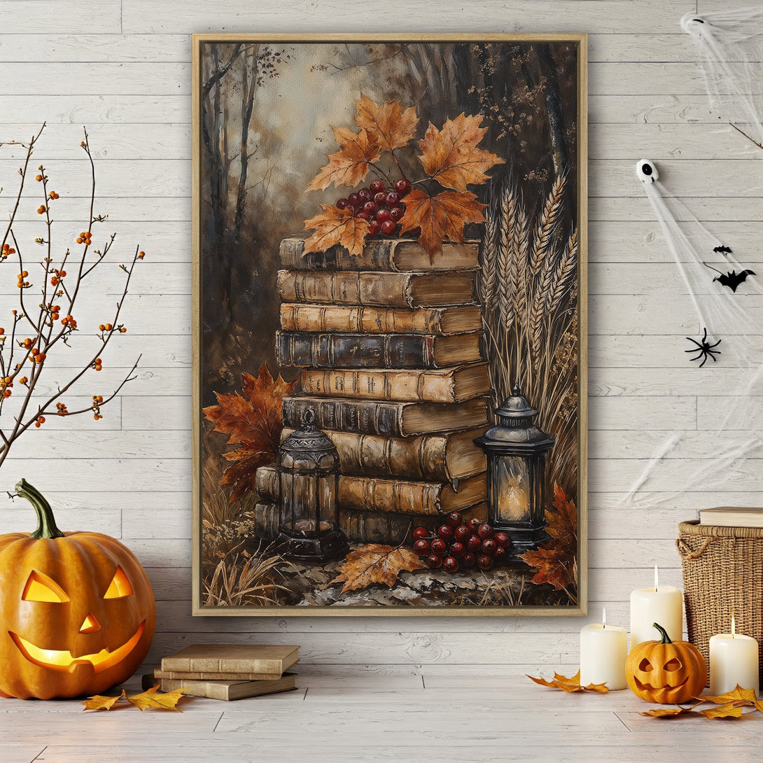 Framed Wall Art: Autumn scene with stacked books, fall leaves, and berries in warm, earthy tones. Perfect for seasonal decor and cozy interiors.