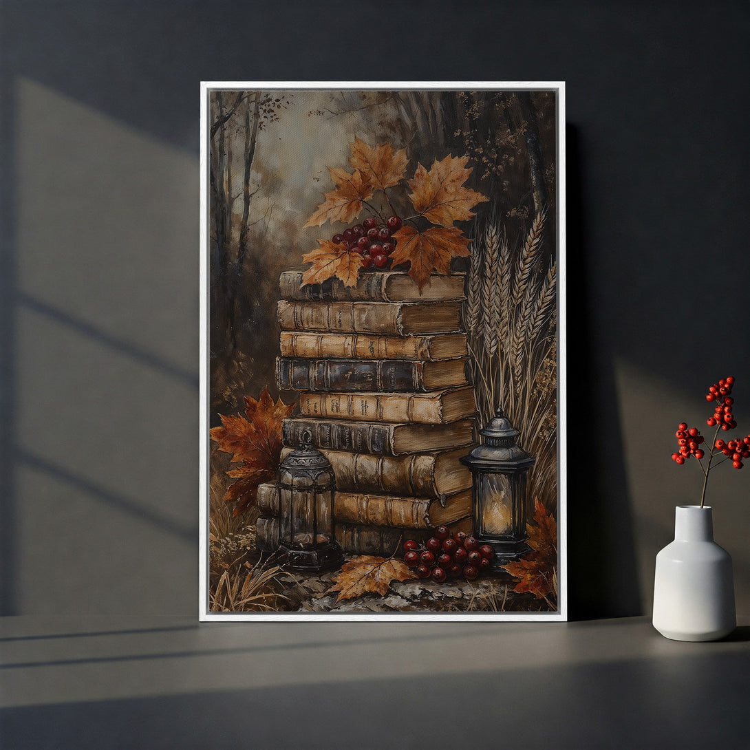 Framed Wall Art Canvas Print: Vintage still life with books, autumn leaves, and lanterns in warm earthy tones. Rustic decor for a cozy home.