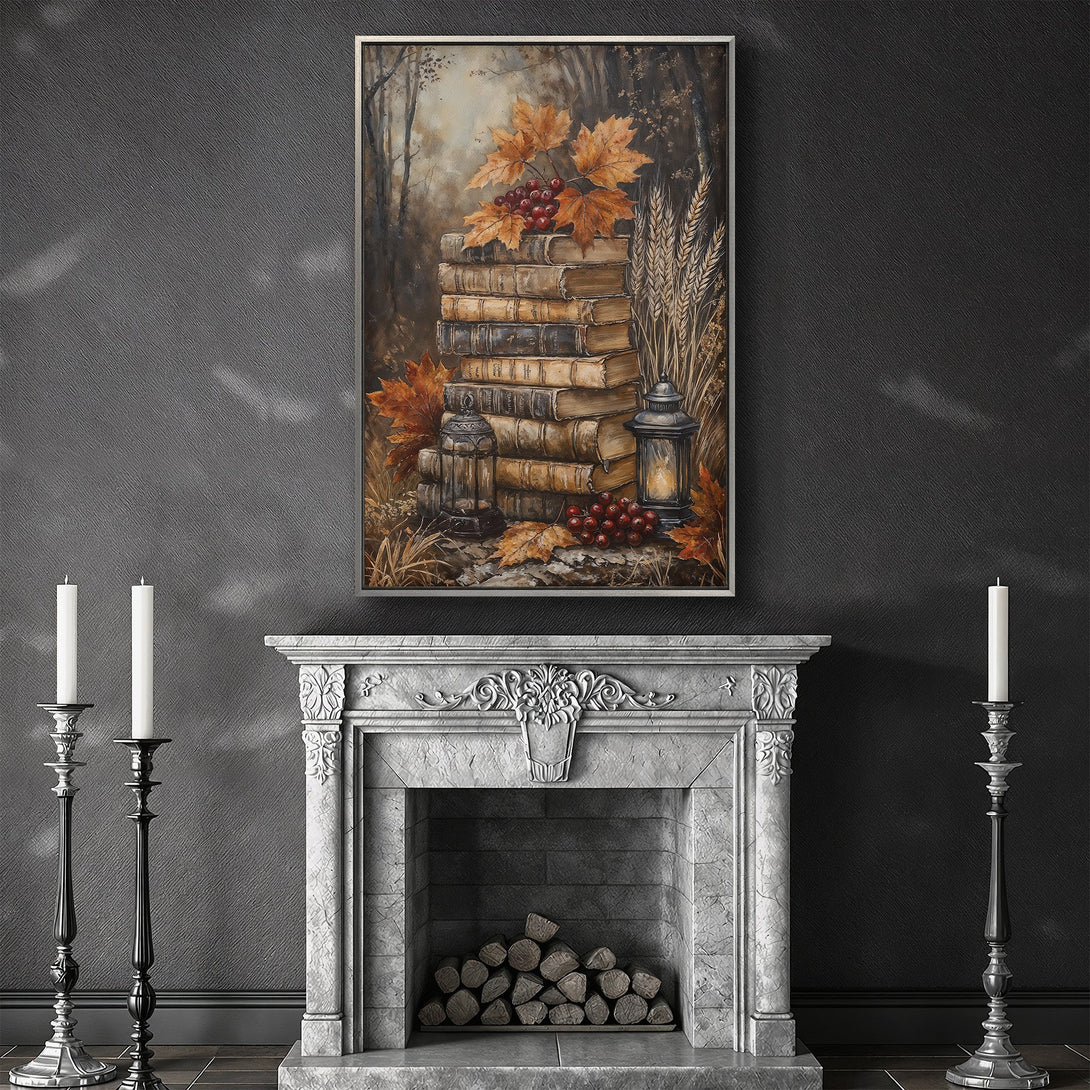 Framed Wall Art featuring a still life of books, leaves, and lanterns in warm autumnal tones. Perfect for adding cozy charm to your home decor.