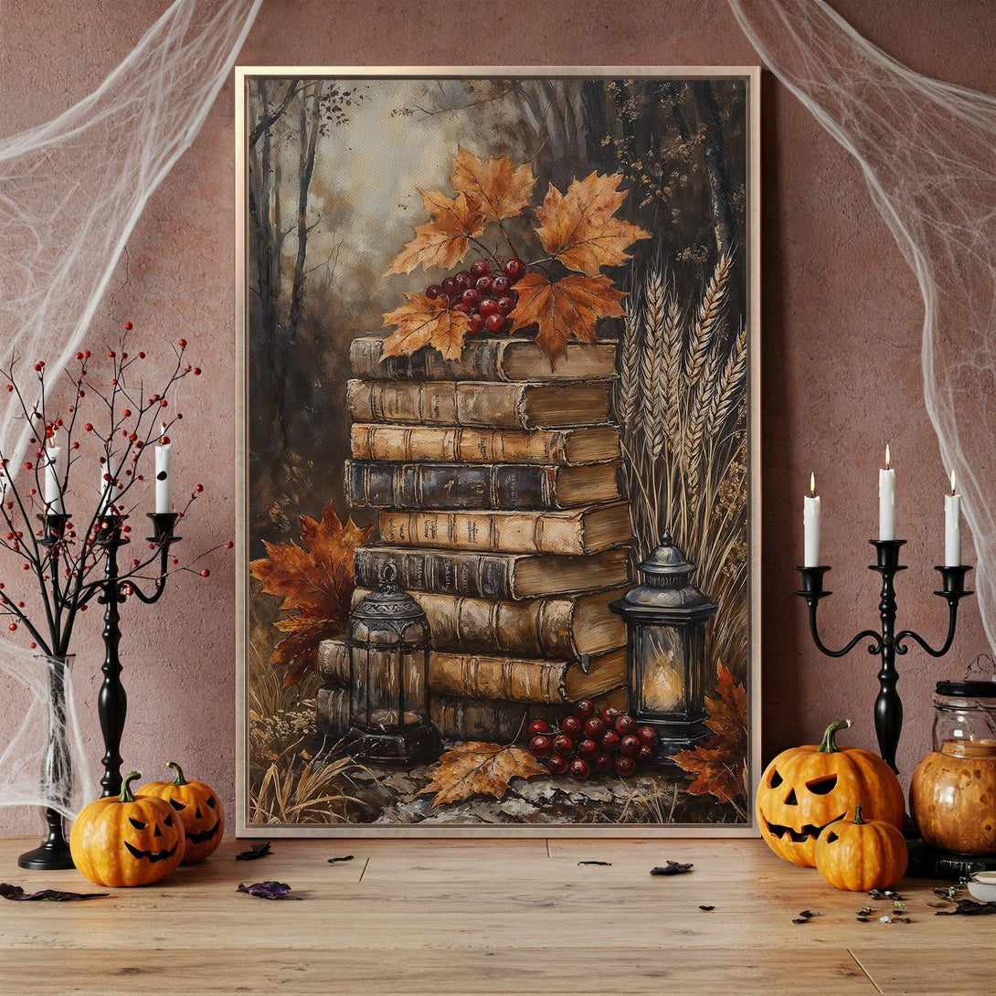 Framed Wall Art: Autumn-themed artwork with books and leaves in warm tones. Perfect for fall decor!