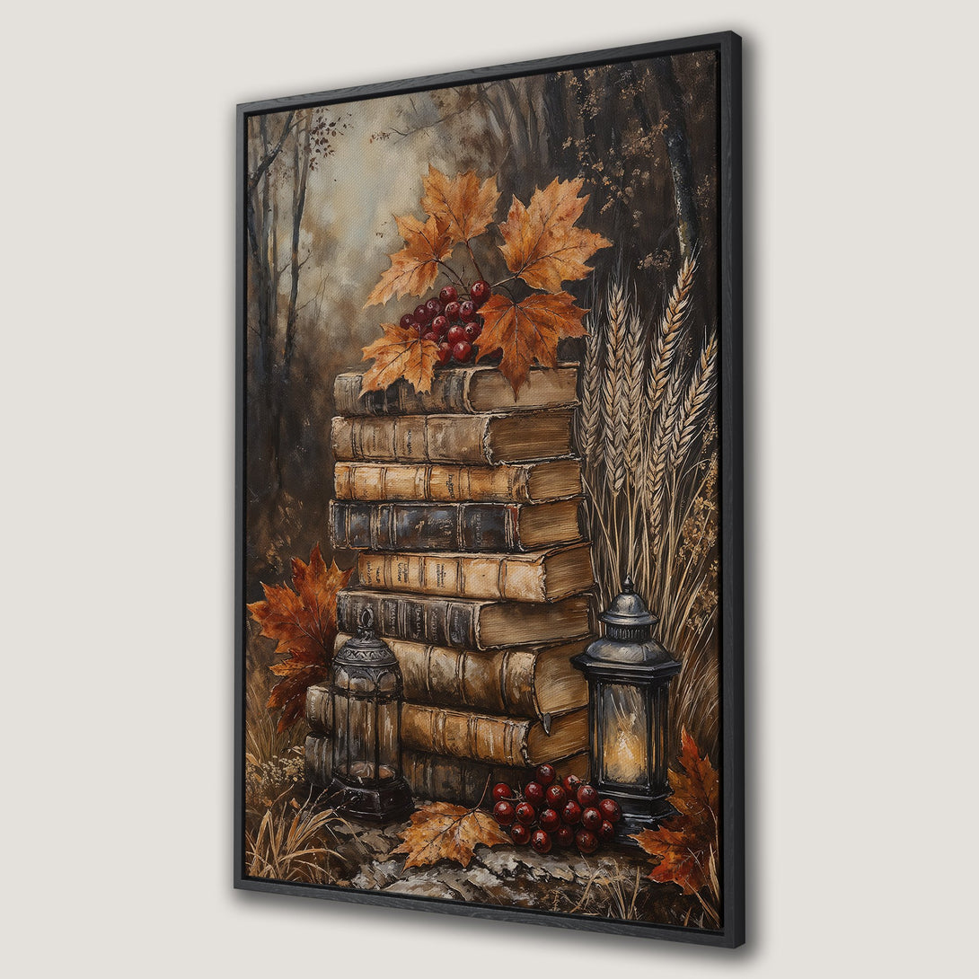 Framed Wall Art: Autumn still life Canvas Print featuring books, leaves, and berries in warm, earthy tones. Perfect for adding cozy charm to your home decor.
