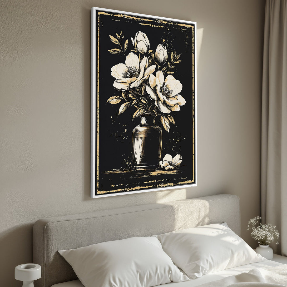Framed Wall Art: Elegant floral Canvas Print in black, gold, and cream. Modern botanical art perfect for bedroom decor.