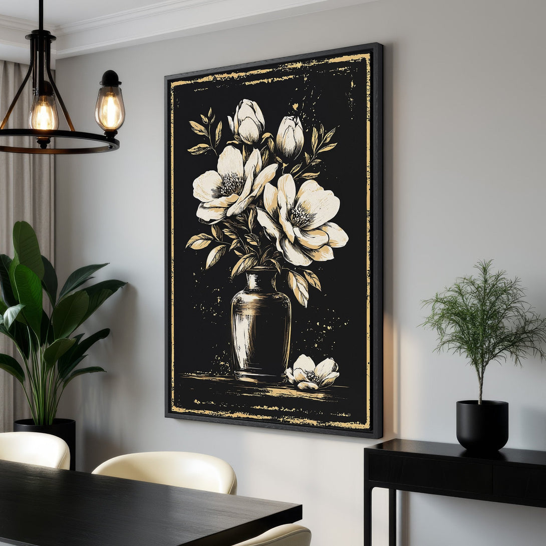 Framed Wall Art featuring a floral illustration in a black and gold color palette. Modern botanical print perfect for home decor.