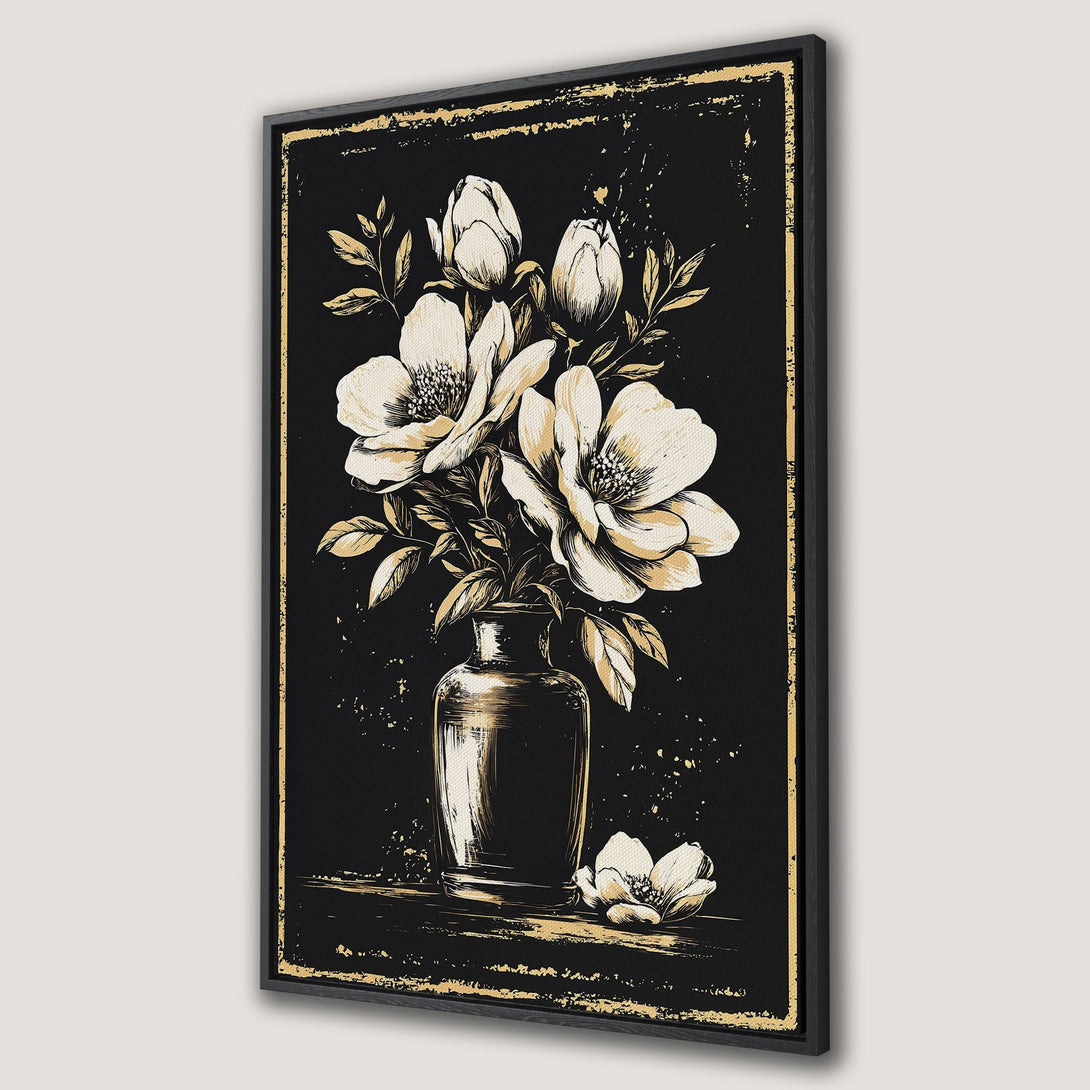 Framed Wall Art featuring elegant floral illustration in black, gold, and cream tones. Perfect for adding a touch of sophistication to any space.