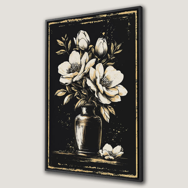 Framed Wall Art featuring elegant floral illustration in black, gold, and cream tones. Perfect for adding a touch of sophistication to any space.