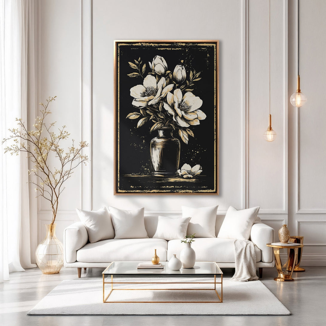 Framed Wall Art: Elegant floral art print in black, white, and gold. Modern style Canvas Print adds sophistication to any interior. Shop now for home decor!