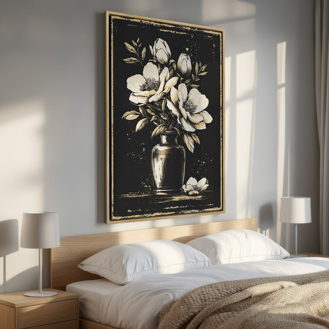 Framed Wall Art: Elegant floral print in black and gold. Modern, minimalist style. Perfect bedroom decor. Enhance your space with this stunning canvas print.