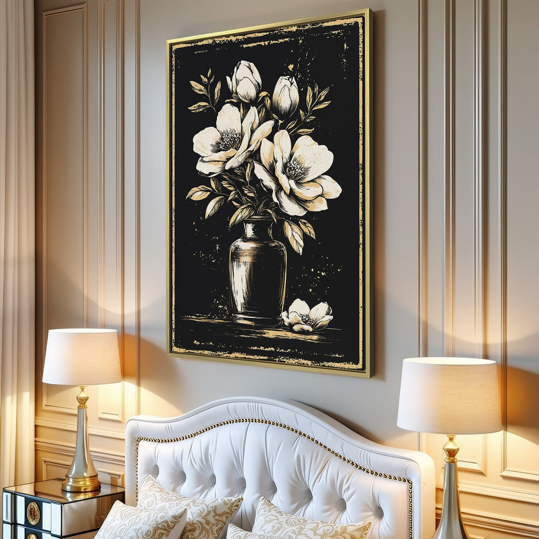 Framed Wall Art: Elegant floral canvas print in black, white, and gold. Modern decor featuring a beautiful flower bouquet, perfect for any living room.