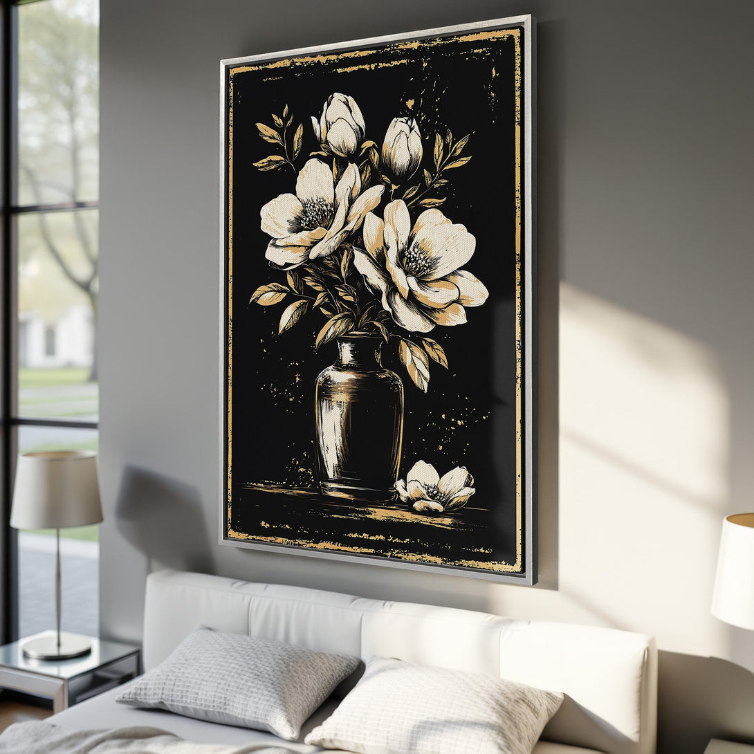 Framed Wall Art: Elegant floral Canvas Print in black, gold, and white tones. Perfect for bedroom decor, adding a touch of sophistication.