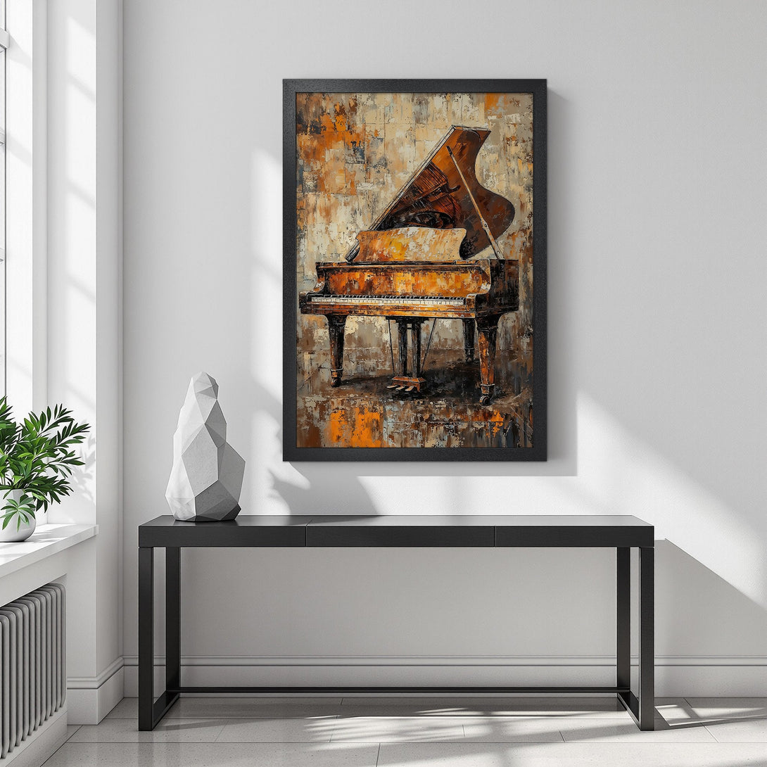 Framed Poster featuring a grand piano, abstract style, warm brown and orange tones. Perfect wall art for music lovers!