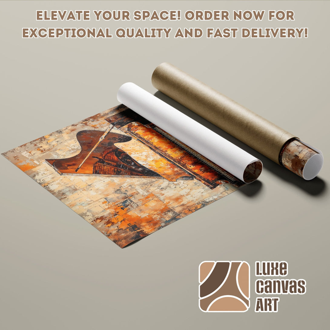 Piano art poster roll in warm orange and brown tones, perfect for your home decor.