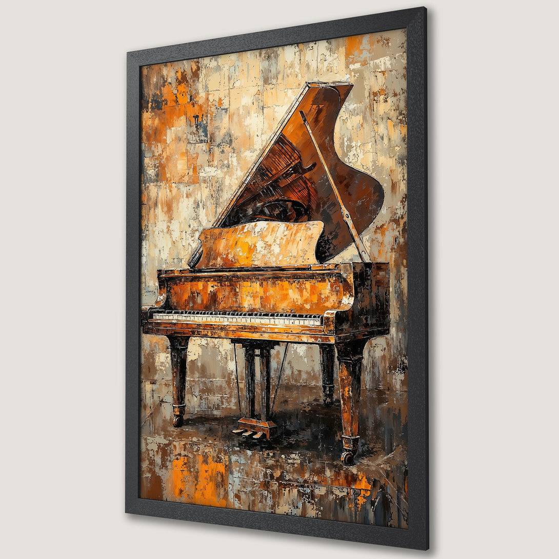 Framed Poster featuring a grand piano in an abstract, textured style with a warm, earthy color palette. Perfect wall art for music lovers!