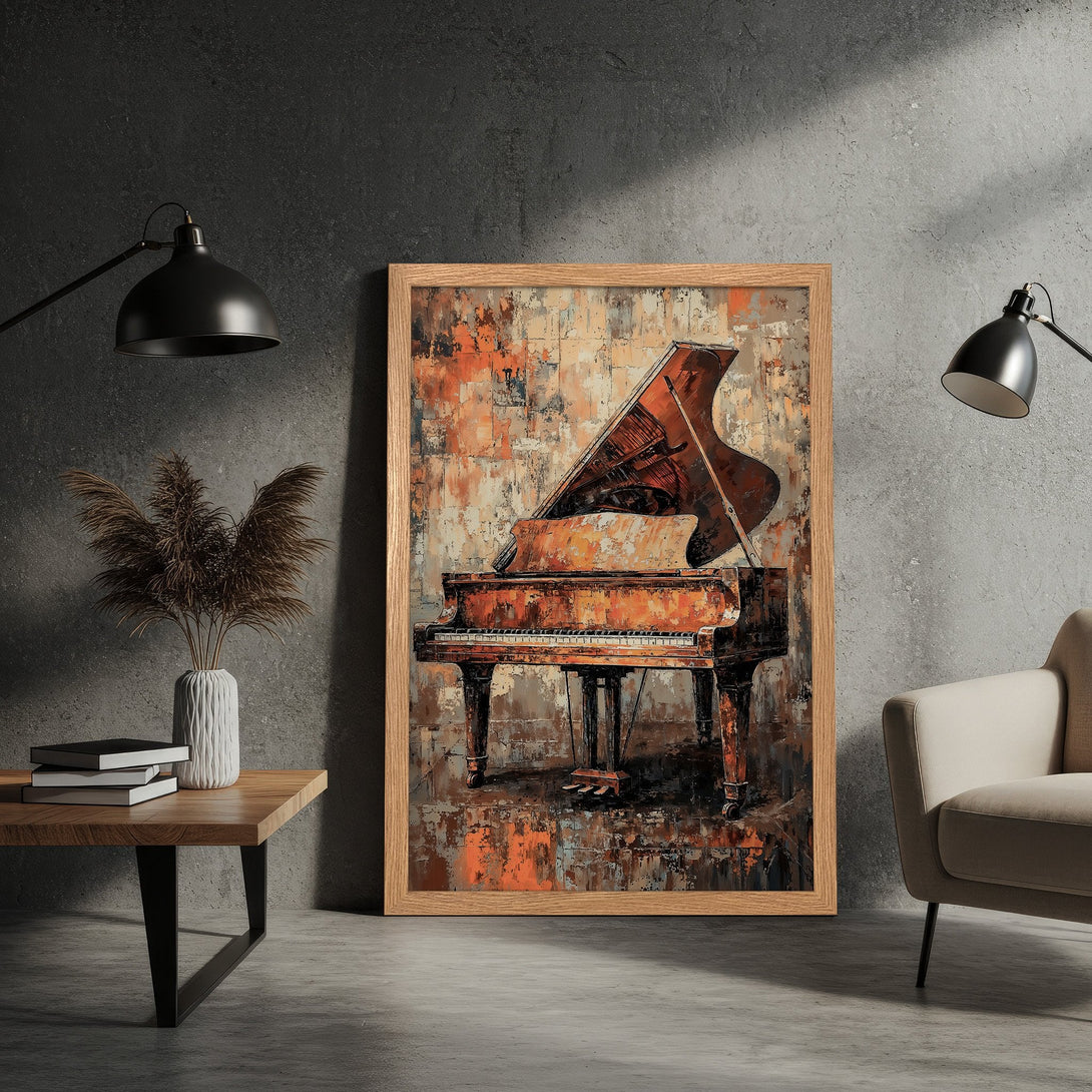 Framed Poster of a piano in an abstract style with a warm orange and brown color palette. Perfect wall art!
