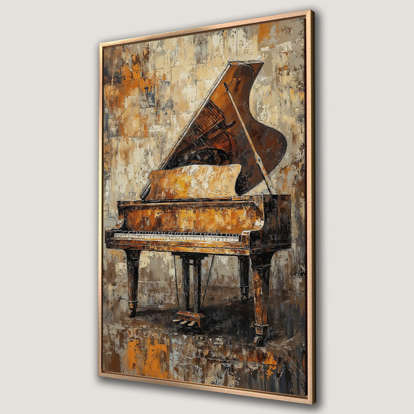 Framed Wall Art: Abstract piano painting in warm brown and gold tones. Perfect for adding a touch of musical elegance to your home decor.