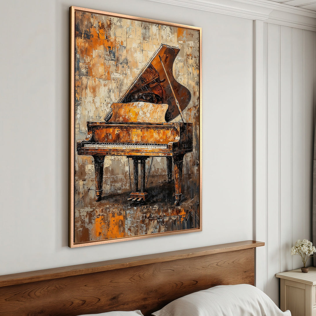 Framed Wall Art: Abstract piano painting in warm orange and brown tones. Perfect for adding musical elegance to any room.