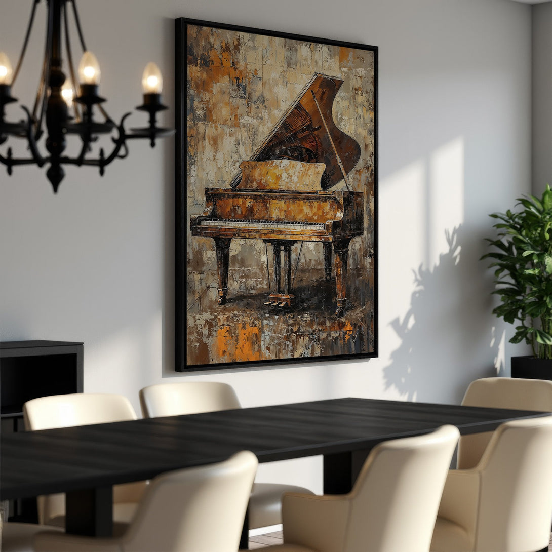 Framed Wall Art: Abstract piano painting in warm earth tones. Adds elegance and musical flair to any space. Perfect for living rooms or dining areas.