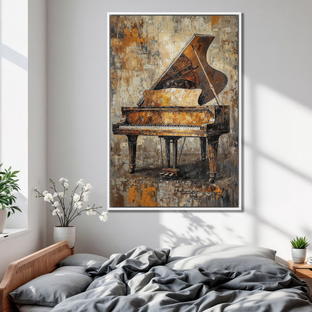 Framed Wall Art: Abstract piano painting in warm brown and gold tones. Perfect for bedroom decor. Add musical elegance to your space!