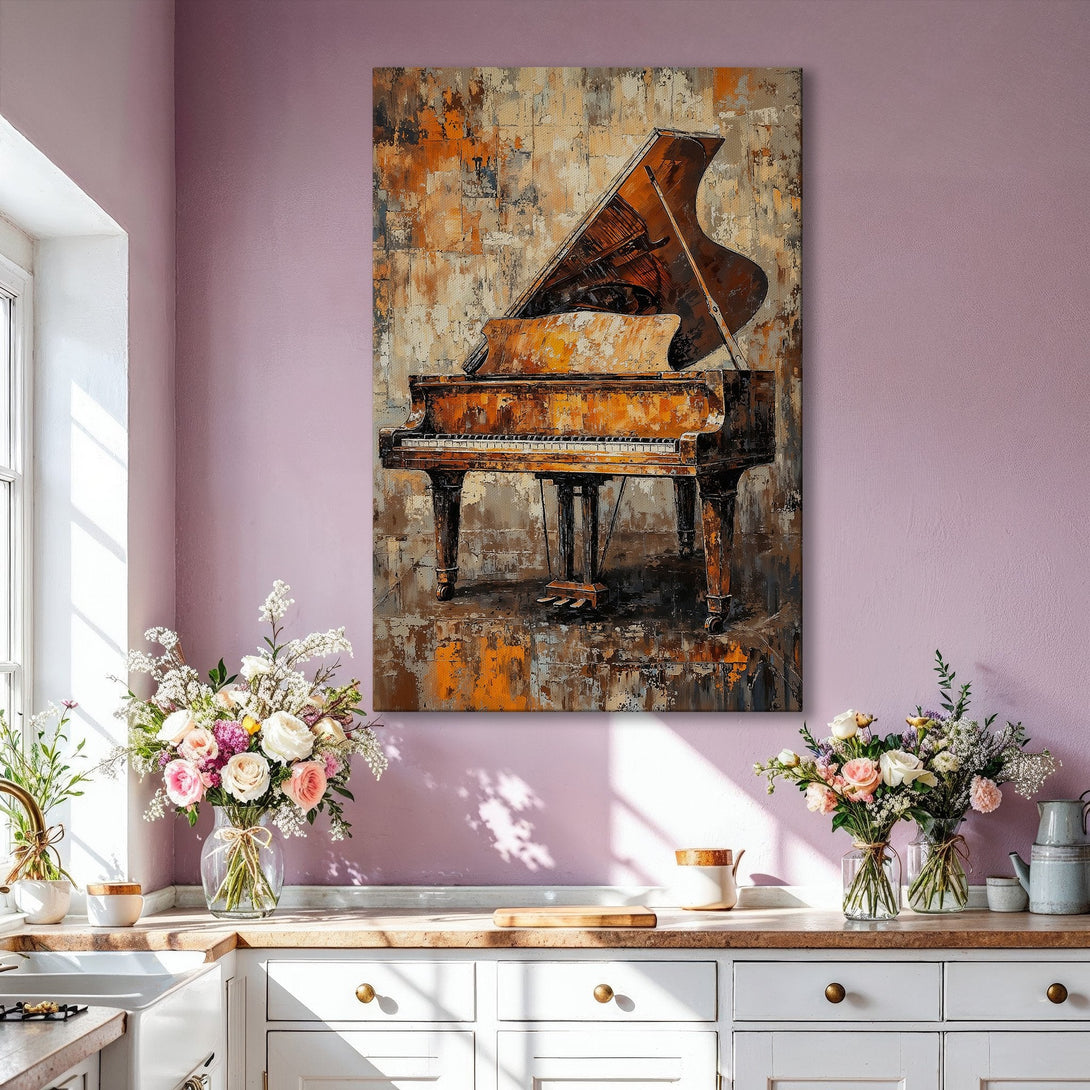 Framed Wall Art: Abstract piano painting in warm earth tones. Add elegance to your space with this stunning canvas print. Perfect for living rooms!