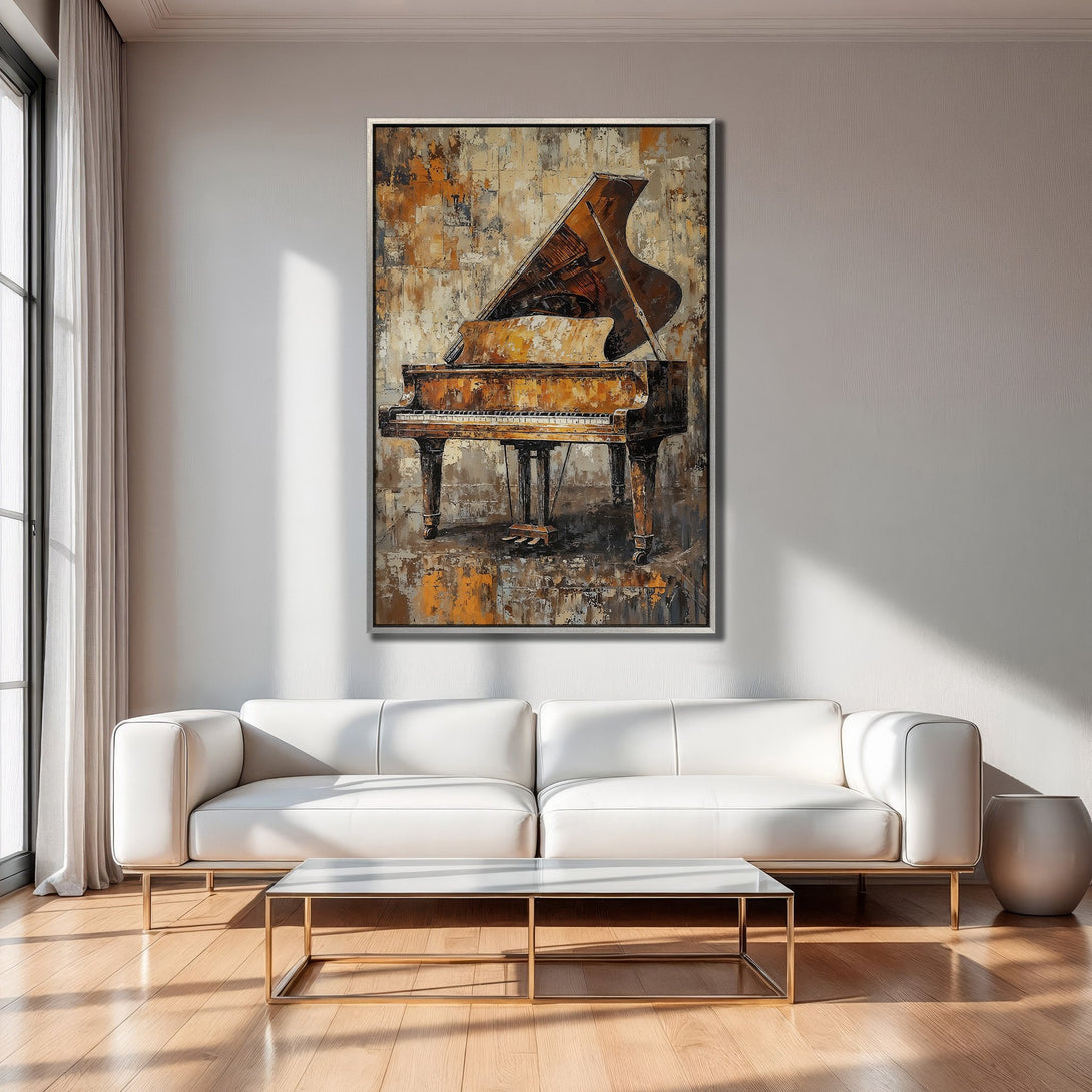 Framed Wall Art featuring a grand piano in warm brown tones. Abstract style canvas print adds elegance to any living room.
