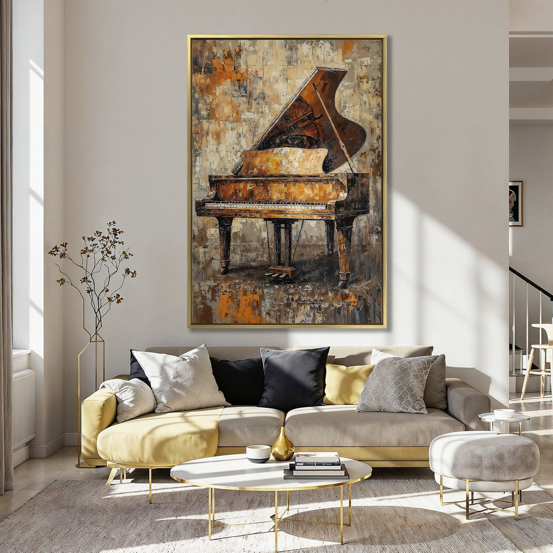 Canvas Print of a grand piano in an abstract style with warm orange and brown tones. Perfect wall art for a stylish interior.