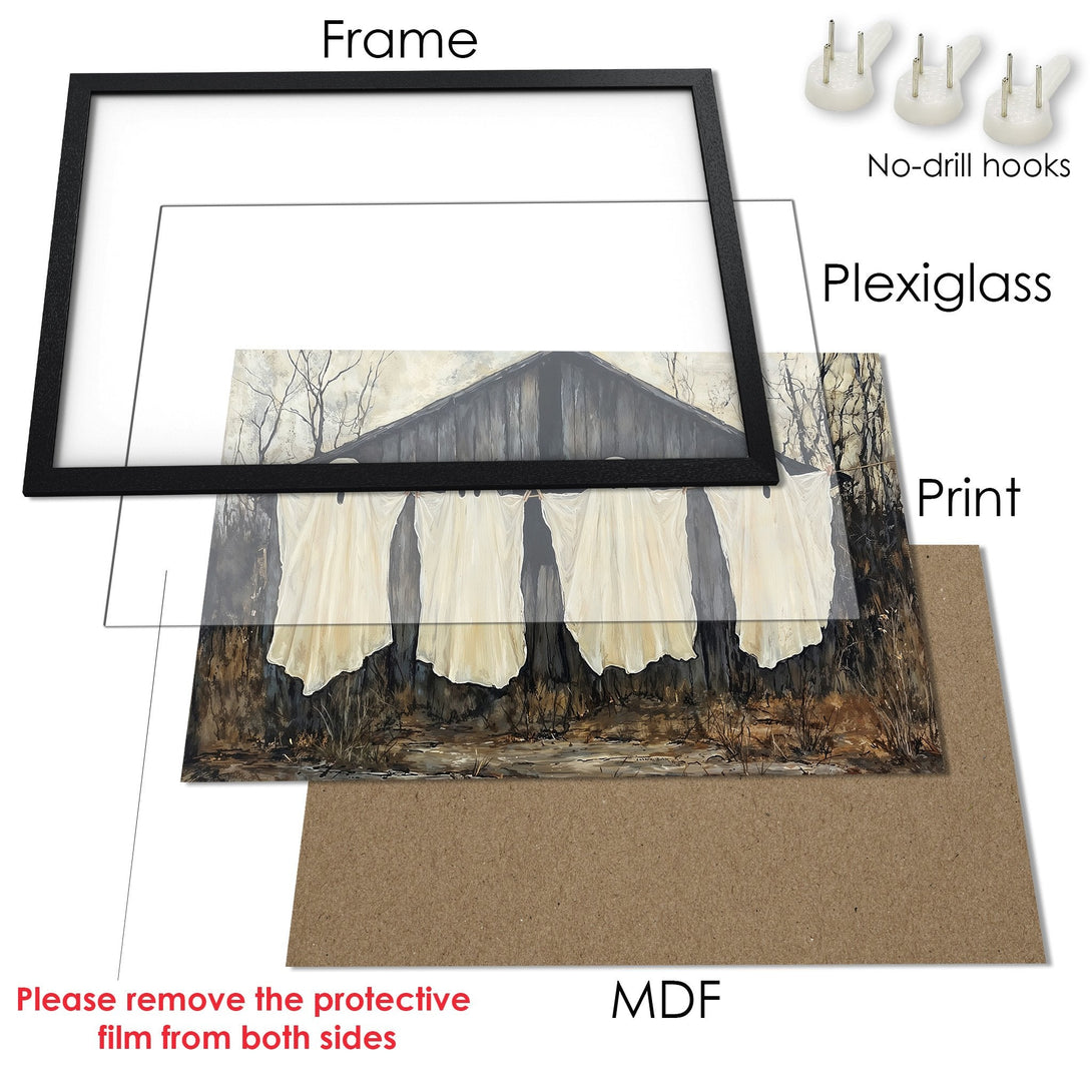 Framed Poster featuring a spooky barn scene. Neutral palette with black frame. Perfect for Halloween decor!