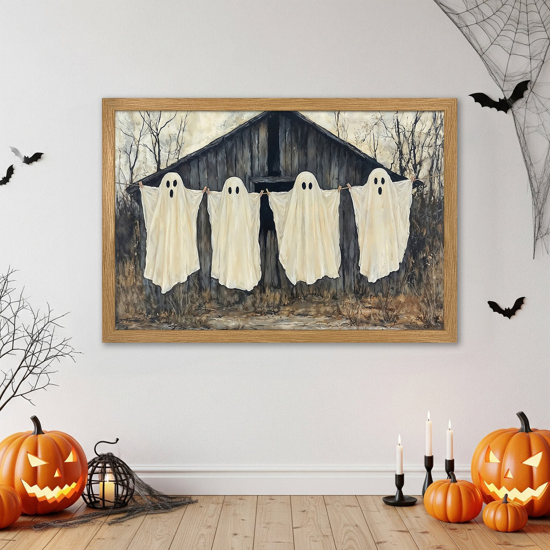Framed Poster featuring whimsical ghosts in a rustic style with a muted color palette, perfect for Halloween decor.