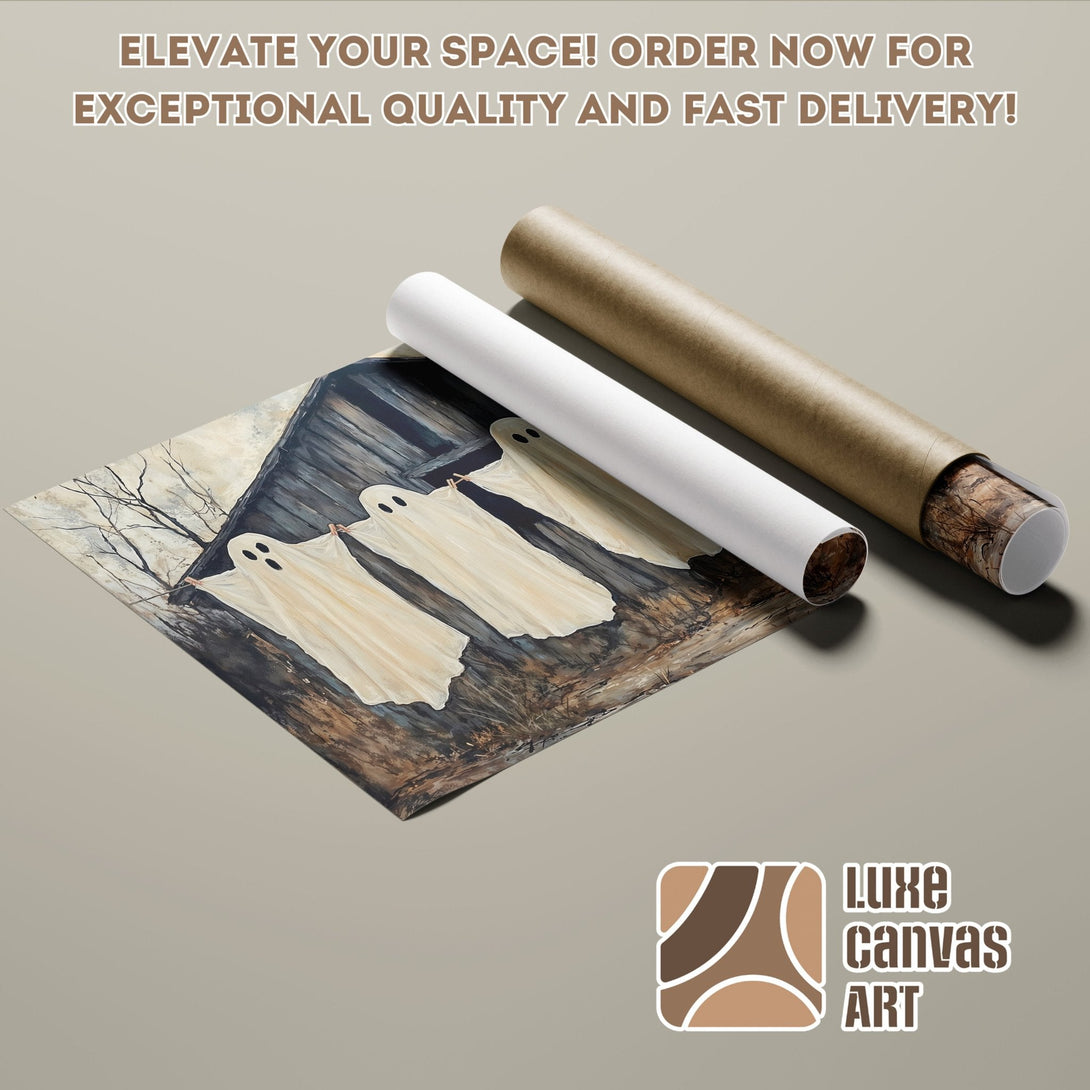 Poster Roll featuring a spooky ghost art print, neutral tones and artistic style. Order now!