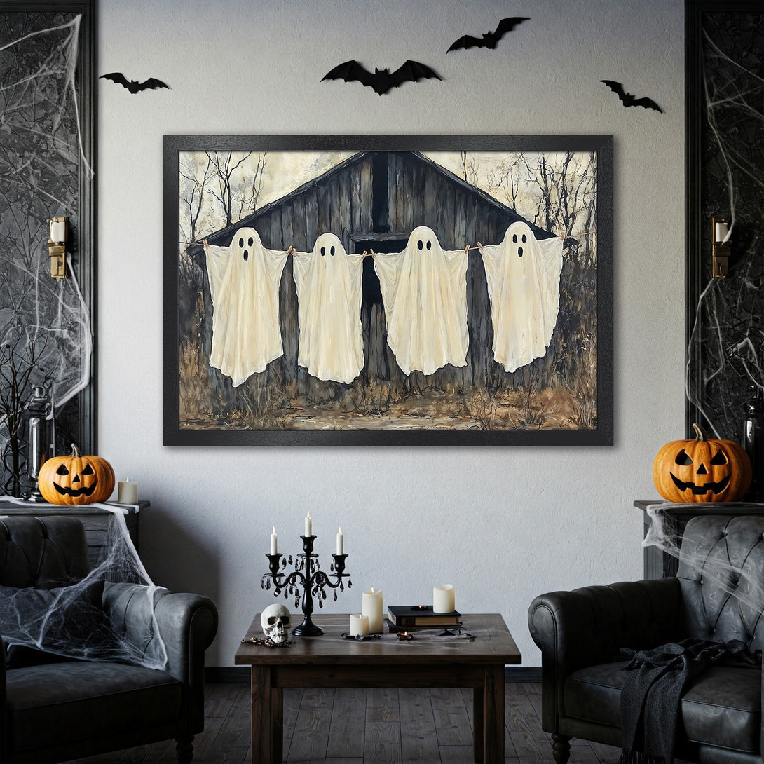 Framed Poster featuring spooky ghosts, rustic style, and a neutral color palette perfect for Halloween decor.