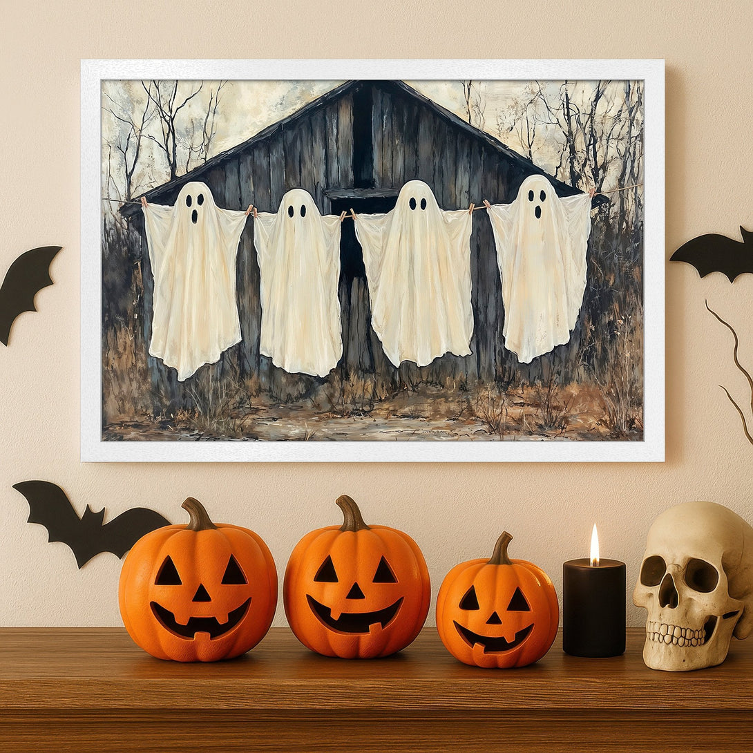 Framed Poster featuring whimsical ghosts in a spooky scene, perfect Halloween decor. Neutral color palette.