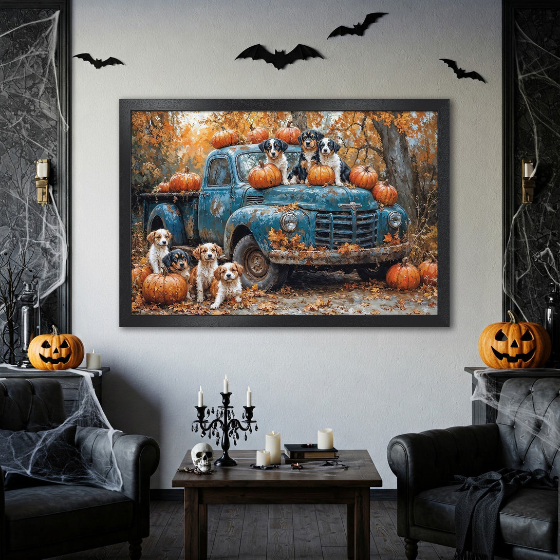Framed Poster featuring dogs & pumpkins on a vintage truck, autumn art style. Warm orange, blue & brown color palette. Perfect Halloween decor!