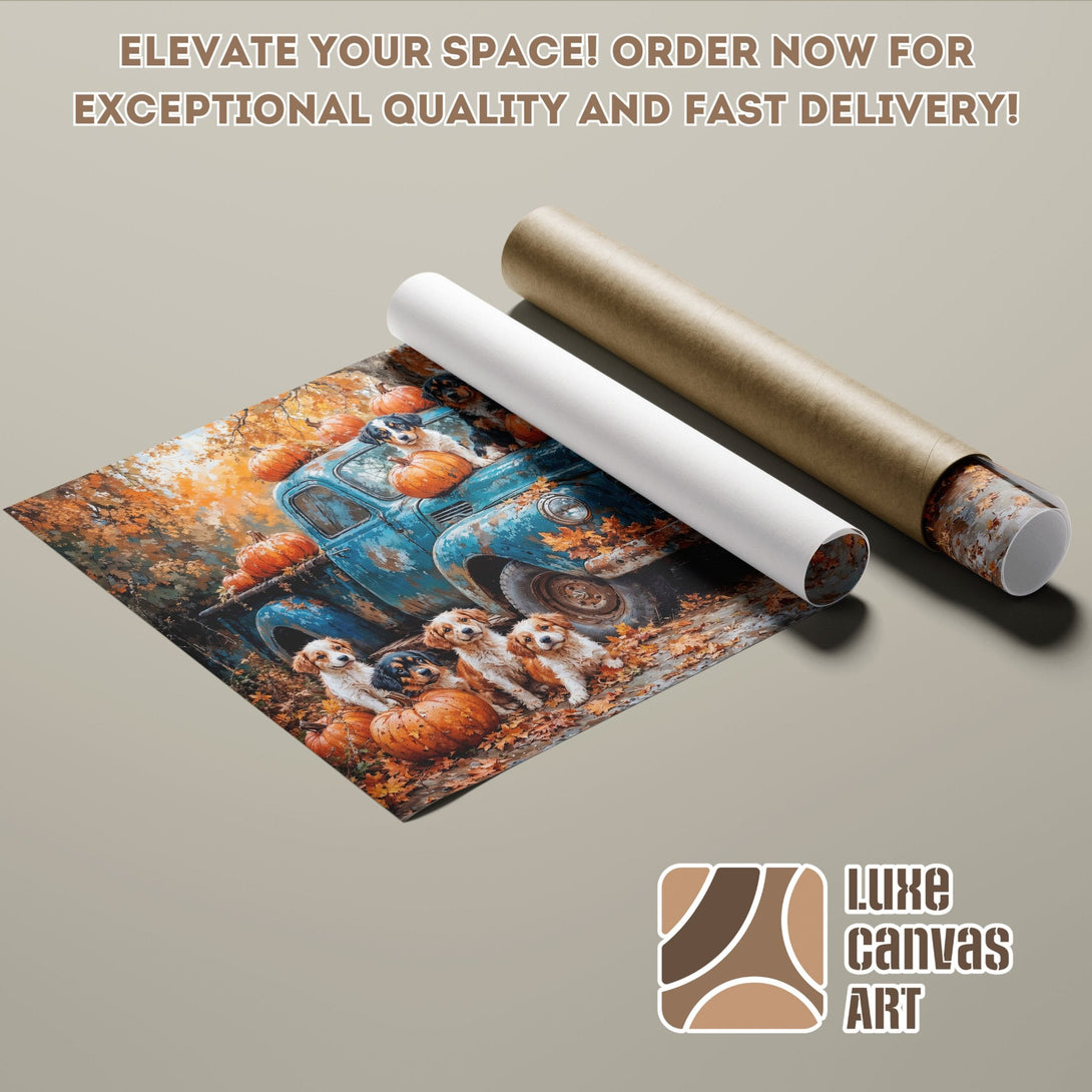 Poster Roll featuring dogs, pumpkins, and a vintage truck, warm autumn colors. Order yours today!