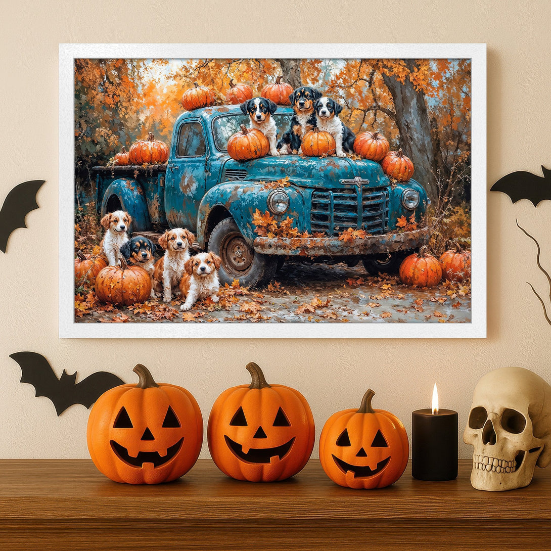 Framed Poster featuring dogs, pumpkins, and a vintage truck in autumn colors. Perfect Halloween decor!