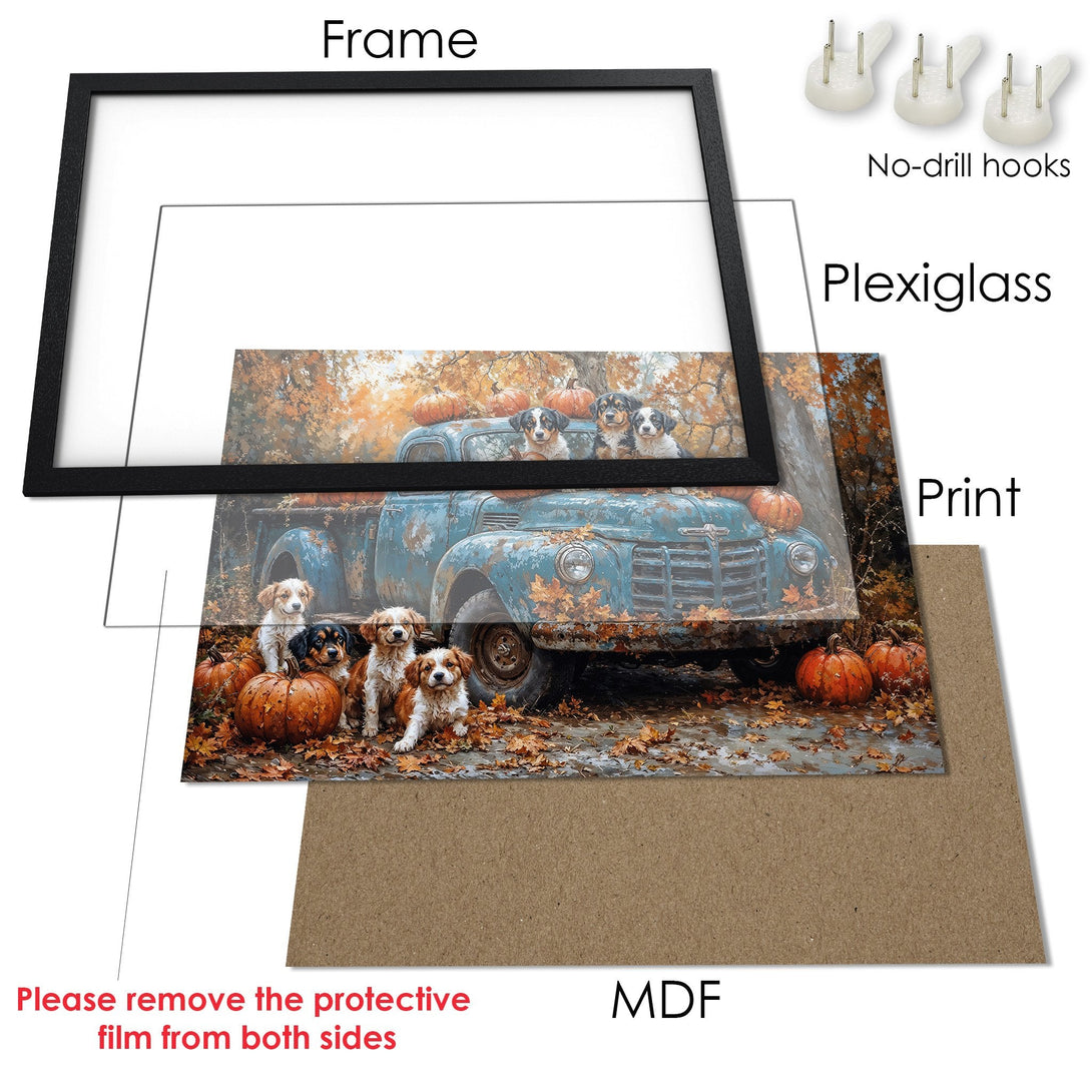 Framed Poster featuring adorable puppies in a vintage truck with pumpkins, warm autumn tones. Perfect fall decor!