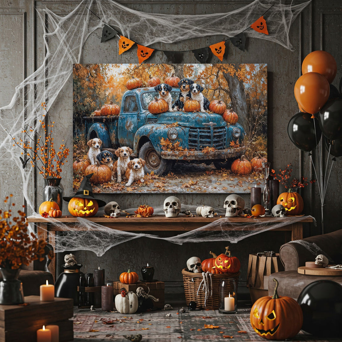 Framed Wall Art: Adorable puppies on a vintage truck with pumpkins, autumn colors. Perfect Halloween decor! Rustic style Canvas Print for your home.