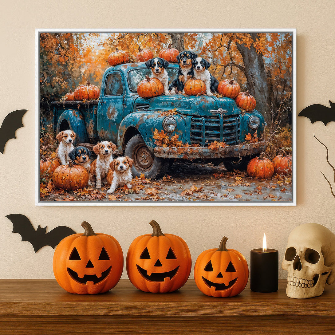 Framed Wall Art: Adorable dogs & pumpkins on a vintage truck. Rustic autumn scene with warm orange & teal tones. Perfect Halloween decor!