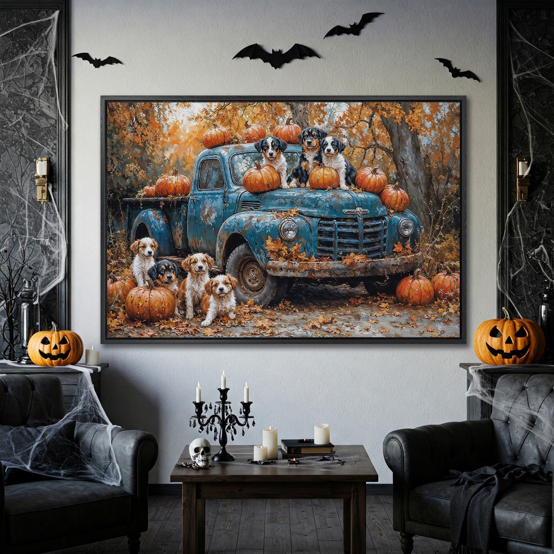 Framed Wall Art: Autumn scene with puppies, pumpkins, and a blue truck. Warm orange and brown tones, perfect for fall decor.