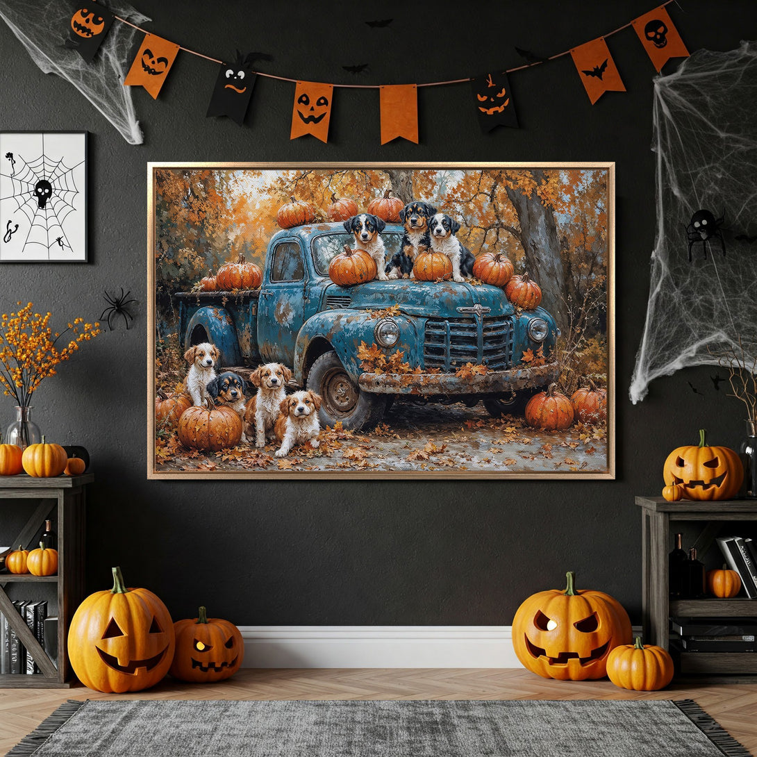 Framed Wall Art featuring adorable puppies in a vintage truck with pumpkins, autumn colors. Perfect Halloween decor for your home!